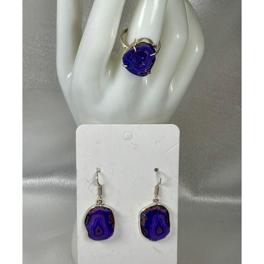 💜💙‎ Purple Druzy Quartz Ring & Agate Earring Set